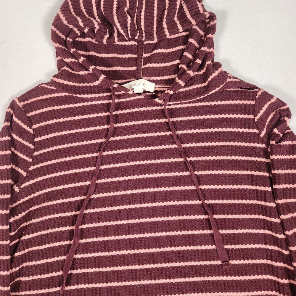 LOFT Women's L Maroon Pink Striped Waffle Knit Hooded Knit Top Hoodie - Picture 3 of 8